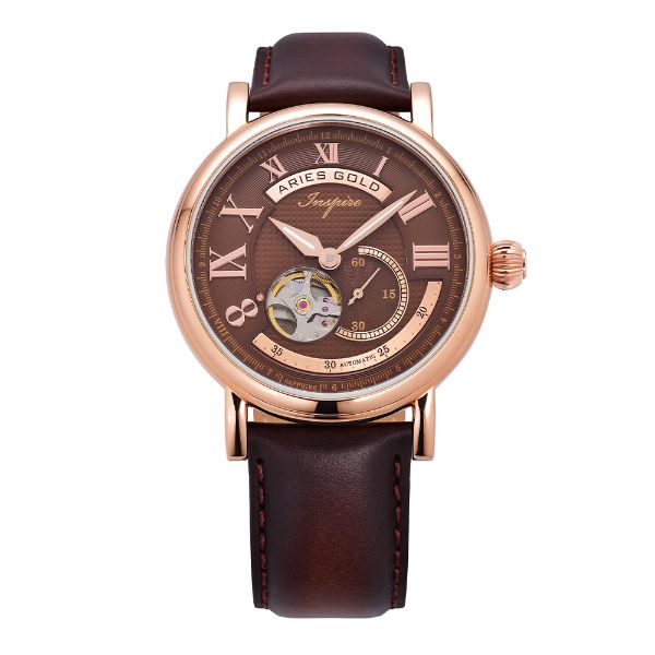ARIES GOLD AUTOMATIC  INSPIRE GAUNTLET VINTAGE ROSE GOLD STAINLESS STEEL G 903 RG-CF BROWN LEATHER STRAP MEN'S WATCH